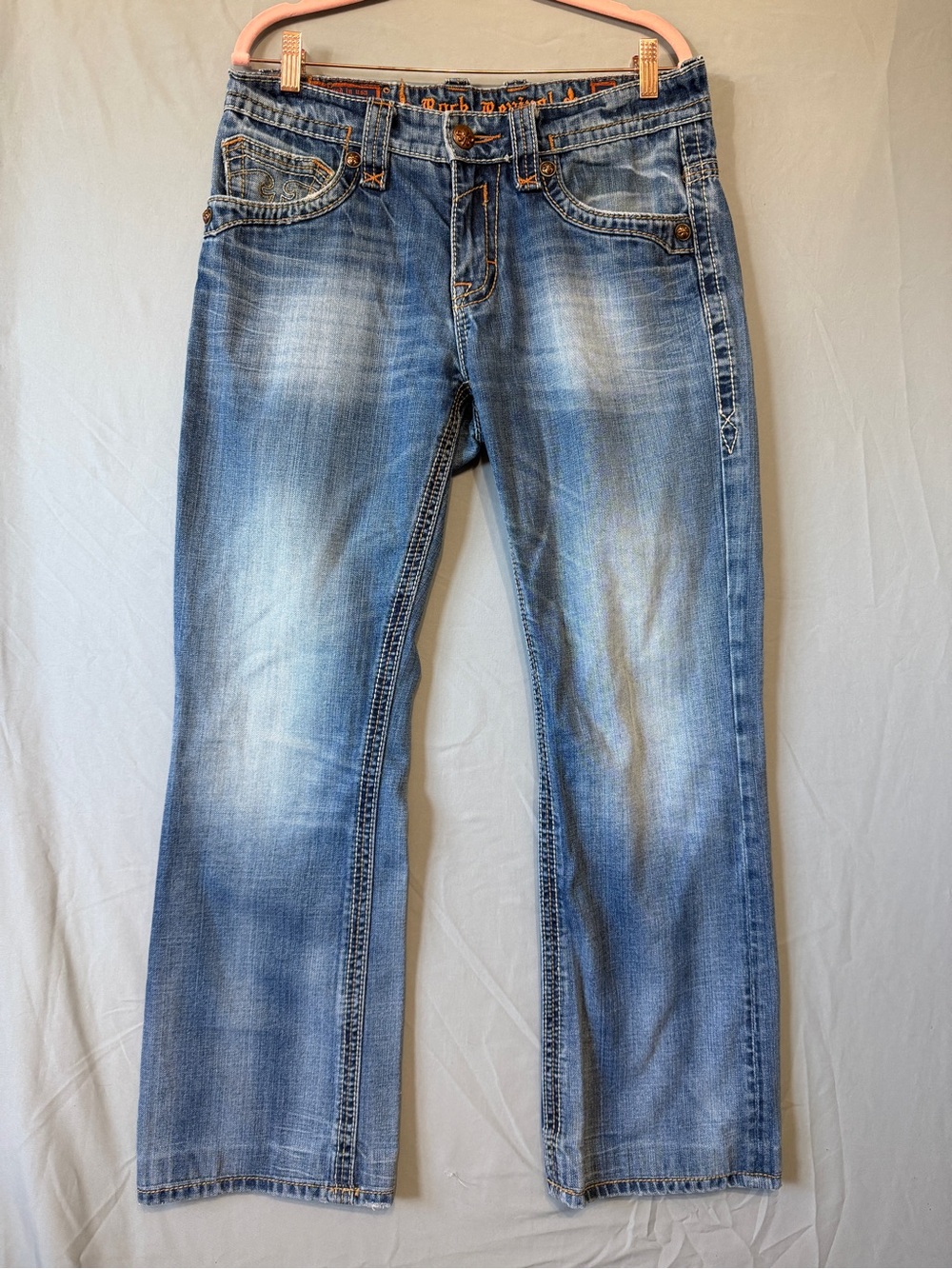 Rock Revival Mens Mick Bootcut Jeans 33 Blue Thick Stitch Western Flap Pockets